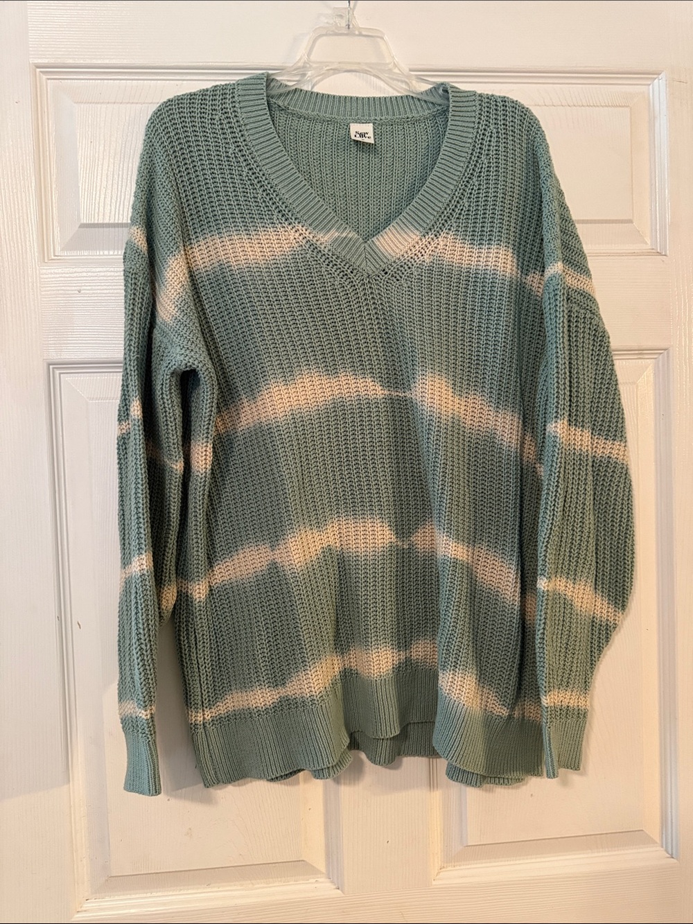 Sew In Love Sage and Cream Striped V-Neck Sweater